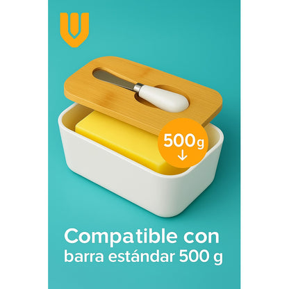 Mantequillero Ceramica Tapa Bambu Cuchillo Mantequilla Bambu