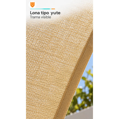 Toldo Vela Triangular Lona Tipo Yute 110x300 Cm 3 Cuerdas Beige Arena Claro Dorado Suave Tonalidad Cálida Bordes Costuras Al Tono Cintas Cuerdas Blancas Argollas Plateadas 110x300 Cm