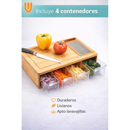 Tabla De Picar Vitrineon Bambu 40x27cm 4 Contenedores Liso Bambú