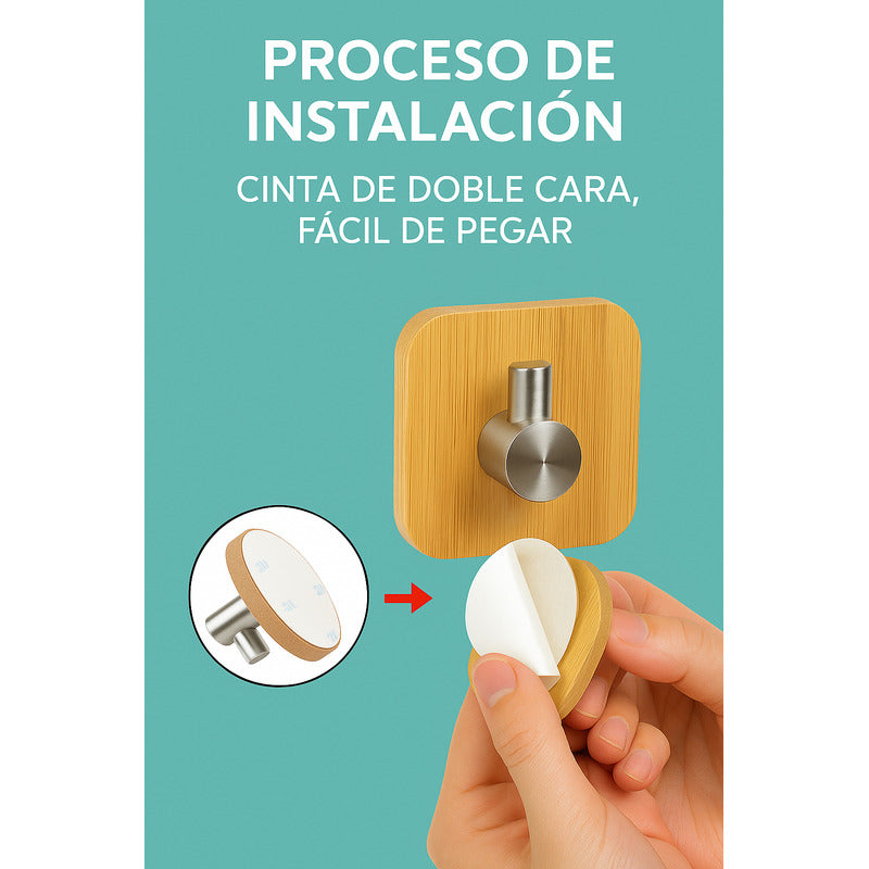 Colgador Perchero Pared Bambu Acero Inoxidable Adhesivo Bambú
