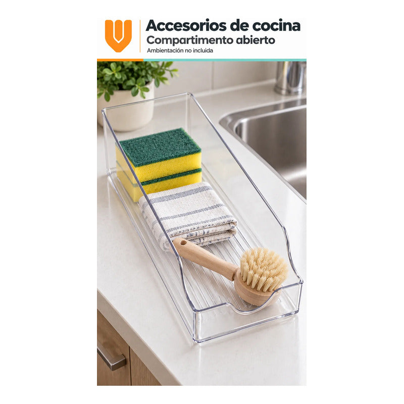 Organizador Acrílico 35cm Refrigerador Despensa Transparente Transparente Acrílico Rectangular Organizador Abierto Frente Bajo Base Acanalada Despensa Refrigerador Orden