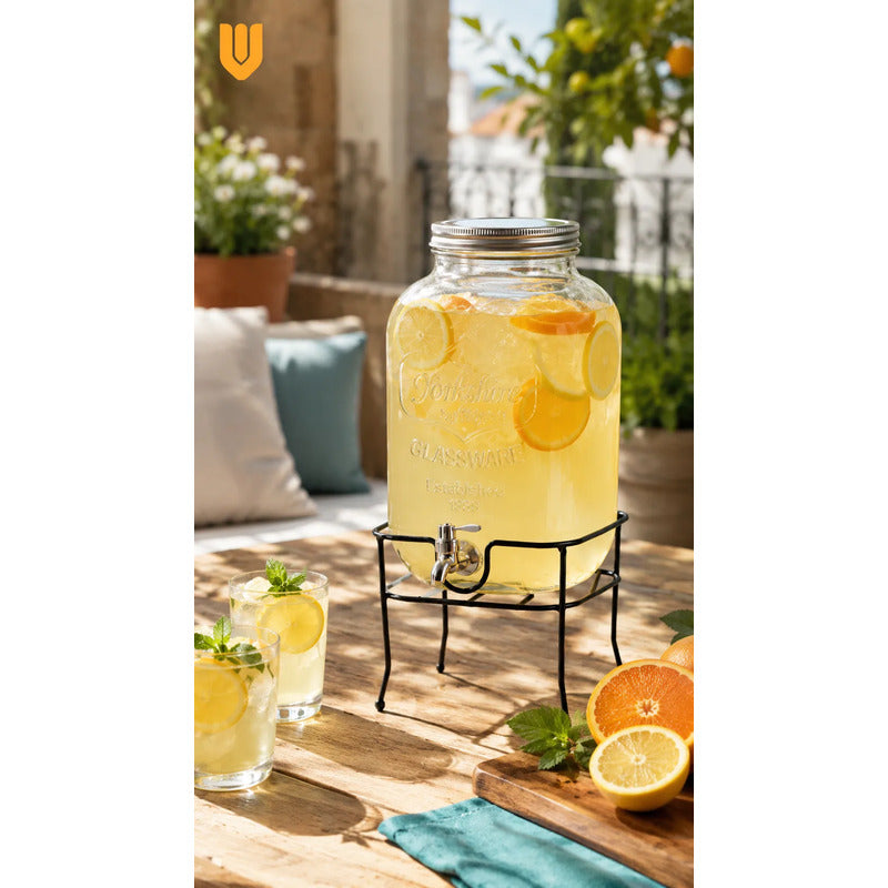 Dispensador Bebida Canilla Mesa Buffet Bar Jugo Fiesta 5lts Transparente Vidrio Cristal Claro Base Acero Cromado Grifo Metálico Negro Plateado Bebidas Jugos Eventos Buffet Mesa Bar