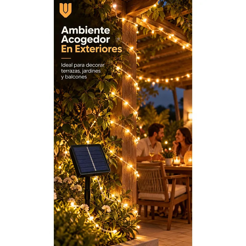 Luces Solares Decoración Navideña Guirnaldas Luz Calida 12m Luz Blanco Calido Cable Transparente Blanco Panel Solar Negro... Luz Blanco Calido Cable Transparente Blanco Panel Solar Negro...