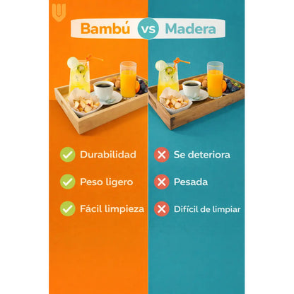 Bandeja Bambu Ecologico Premium Rectangular Asas 40x28cm Bambú