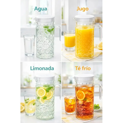 Jarra Vidrio 1100ml Vintage Diamante Tapa Plastica Asa Hogar Transparente Diamante Vidrio Cristal Claro Brillante Elegante Cocina Mesa Hogar Bebidas Agua Jugo Limonada Batidos