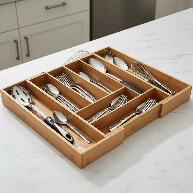 Organizador Cubiertos Bambú Expandible Cajón Cocina Ajustabl Bambú