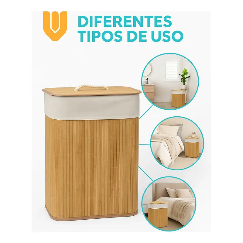 Canasto Ropa Bambu Tapa Cesto Organizador Baño Hogar30x40x50 Bambú Linea
