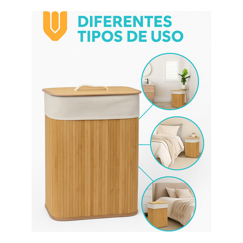 Canasto Ropa Bambu Tapa Cesto Organizador Baño Hogar30x40x50