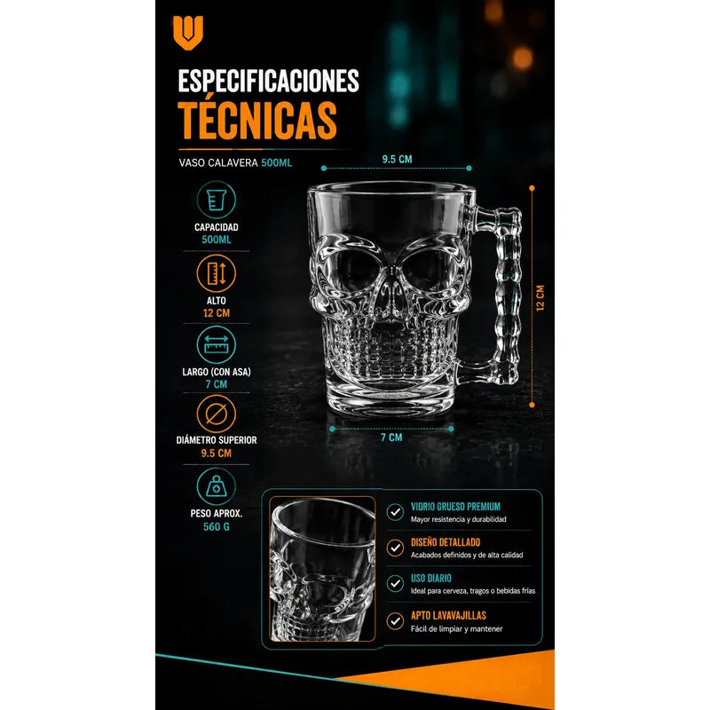 12 Vasos Cerveceros Calavera Vidrio Shopero Premium Bar Transparente