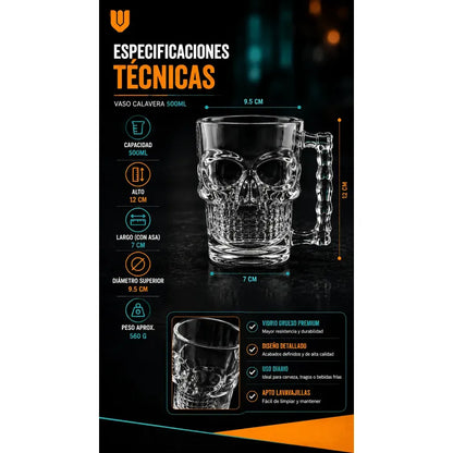 12 Vasos Cerveceros Calavera Vidrio Shopero Premium Bar Transparente