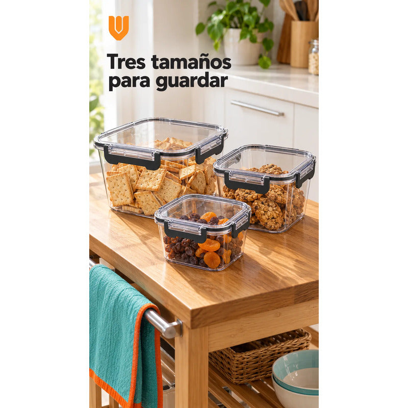 Set 3 Tupers Tapa Hermeticos Taper Contenedores Acrílico Transparente Tupers Rectangulares Potes Acrílico Transparentes Tapas Alimentos Cierres Laterales Cocina Despensa Hogar