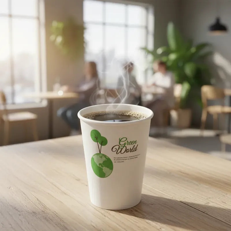 Vasos Desechable Compostables Biodegradable Café Jugo Agua X50 Unidades Blanco Verde Natural Eco Biodegradable Sustentable Diseño Limpio Consumo Responsable Cafeteria Bebidas
