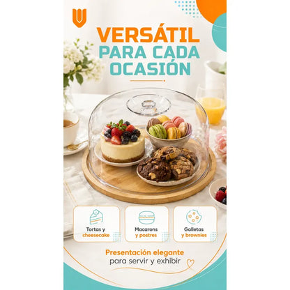 Base Torta Redonda Soporte Porta Cupcakes Transportador Dulc Bambú Natural Base Madera Clara Tapa Acrílico Transparente Sin Bolita Superior Porta Torta Cupcakes Dulces Eventos Hogar