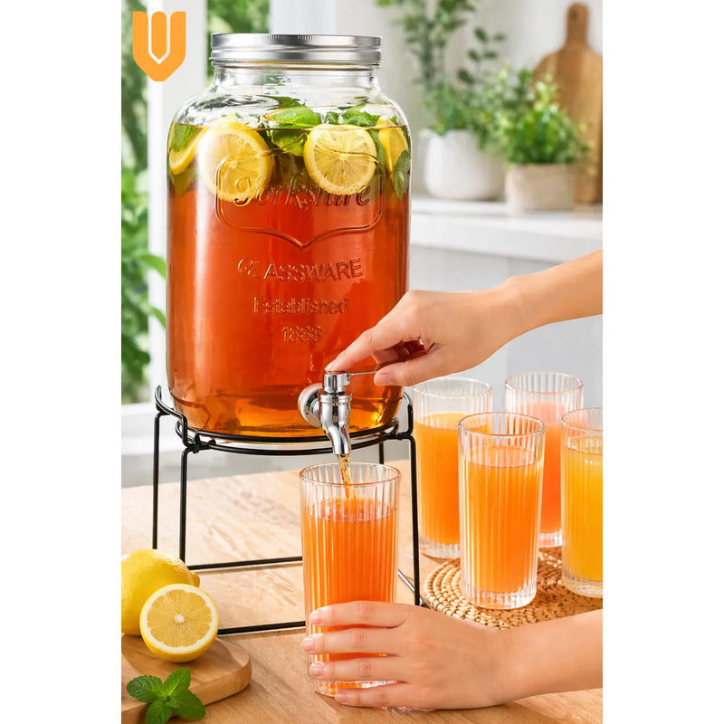 Dispensador Frasco Jugo Agua 5l + Set 6 Vasos Vidrio Tallado Transparentes