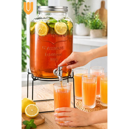 Dispensador Frasco Jugo Agua 5l + Set 6 Vasos Vidrio Tallado Transparentes