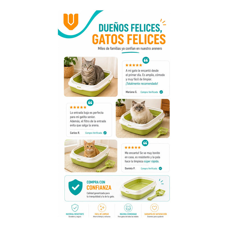 Arenero Felino Plastico Resistente Evita Derrames Limpieza M Verde