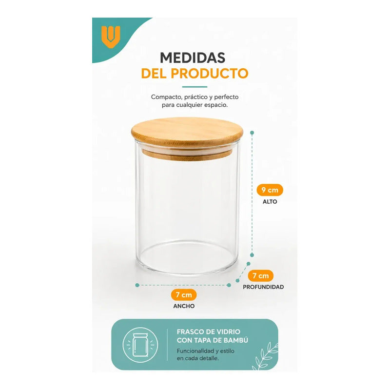 Frasco Hermético Contenedor Vidrio Tapa Bambu Gourmet 200 Ml Transparente Natural Bambú Cristal Claro Minimalista Cocina Gourmet Organizacion Moderna Elegante Premium Hogar