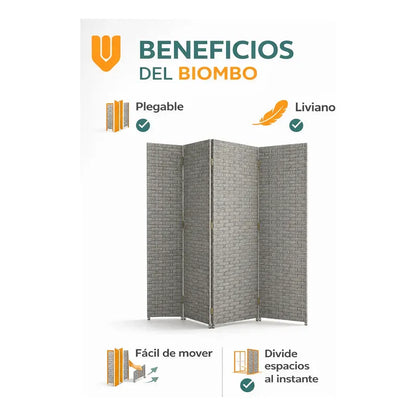 Biombo Divisor Oficina Ambientes Separador 4 Puertas 180 Cm Gris Claro Biombo Divisor Ambientes 4 Paneles 180 Cm Separador Oficina Hogar Plegable Geometrico Gris Claro Ratan Geometrico Ratan...