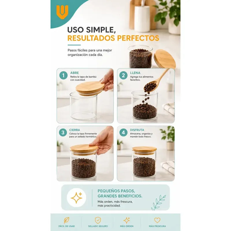 Frasco Hermético Contenedor Vidrio Tapa Bambu Gourmet 200 Ml 3 Unidades