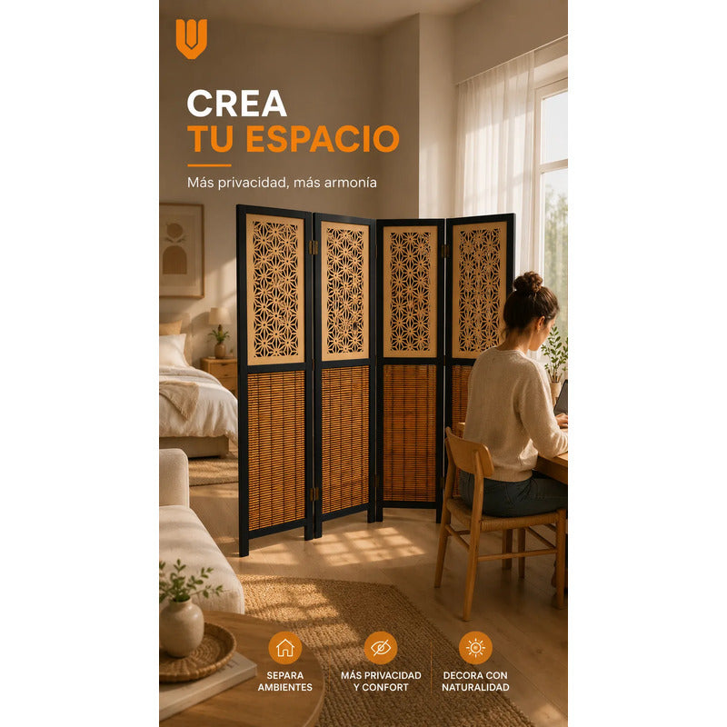 Biombo Separador 4 Puertas Oficina Divisor Ambientes 180 Cm Biombo Decorativo Separador Ambientes Moderno Plegable 4 Paneles Bambú Natural Living Dormitorio Oficina Marrón Negro Beige Bambú...