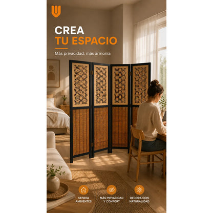 Biombo Separador 4 Puertas Oficina Divisor Ambientes 180 Cm Biombo Decorativo Separador Ambientes Moderno Plegable 4 Paneles Bambú Natural Living Dormitorio Oficina Marrón Negro Beige Bambú...