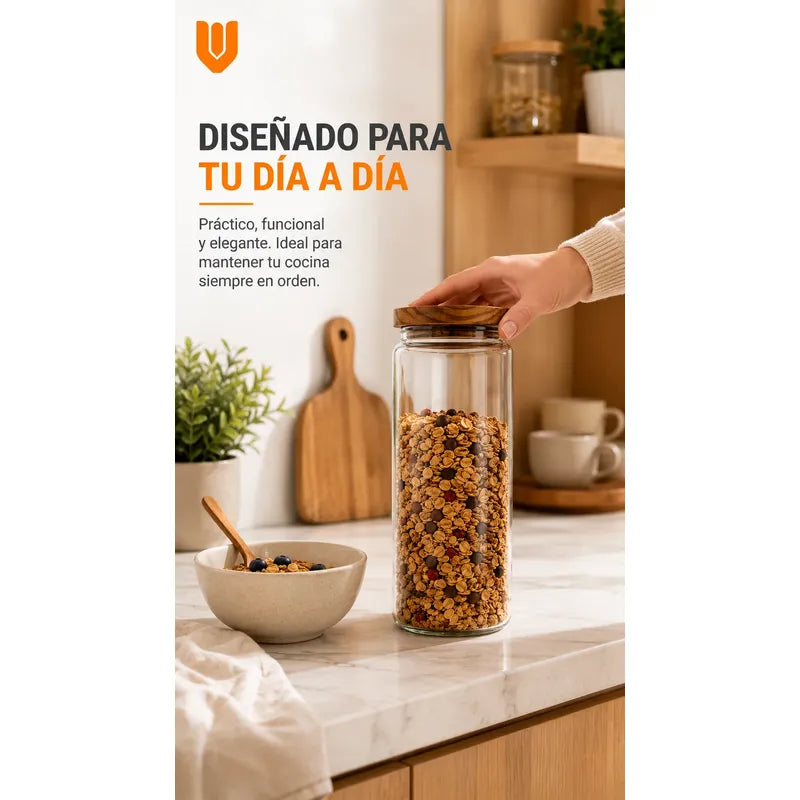 Frasco Vidrio Transparente Hermético Tapa Bambú Cocina Transparente Natural Bambú Cristal Claro Minimalista Cocina Gourmet... Transparente Natural Bambú Cristal Claro Minimalista Cocina Gourmet...