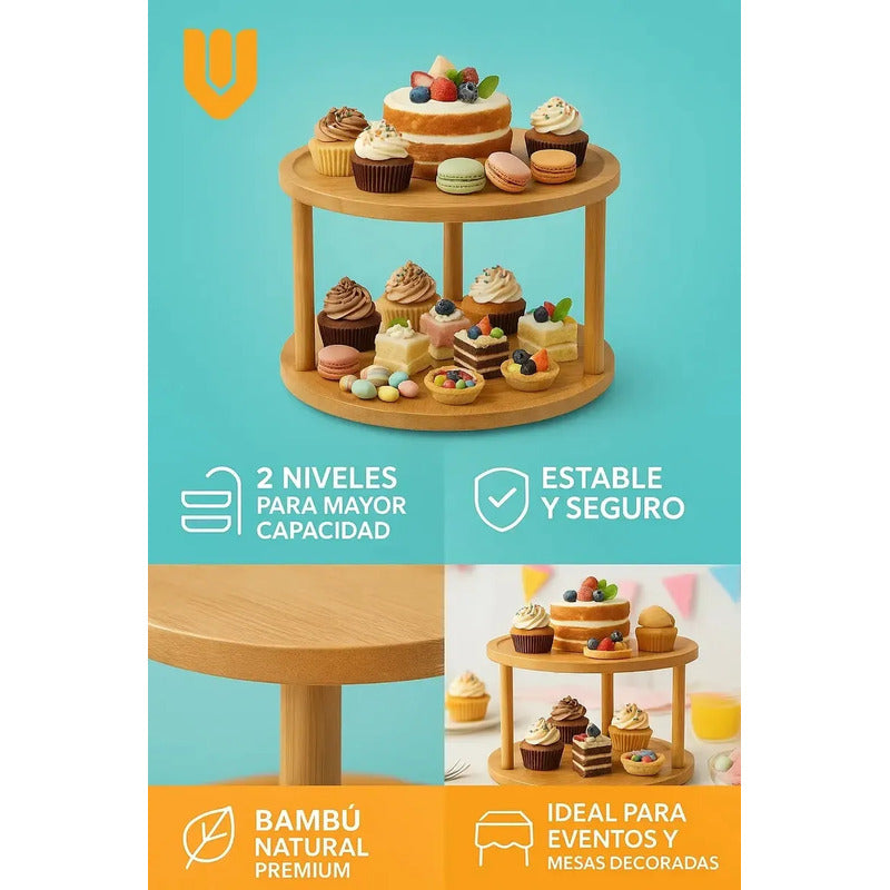 Porta Cupcake Vitrineon Bambu Giratoriodulces Decorativa Bambu Tono Madera Natural Claro Elegante Moderno Decorativo Mesa Dulces Postres Estilo Nordico Visual Premium Hogar