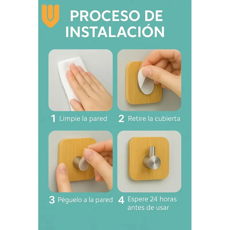 Colgador Perchero Pared Bambu Acero Inoxidable Adhesivo Bambú