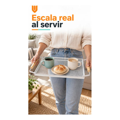 Bandeja Rectangular Metal Blanca Asas Madera Desayuno 44cm Blanco Bandeja Rectangular Malla Metal Asas Madera Base Calada Borde Elevado Servicio Desayuno Once Café Cocina Comedor 44cm-color Blanco