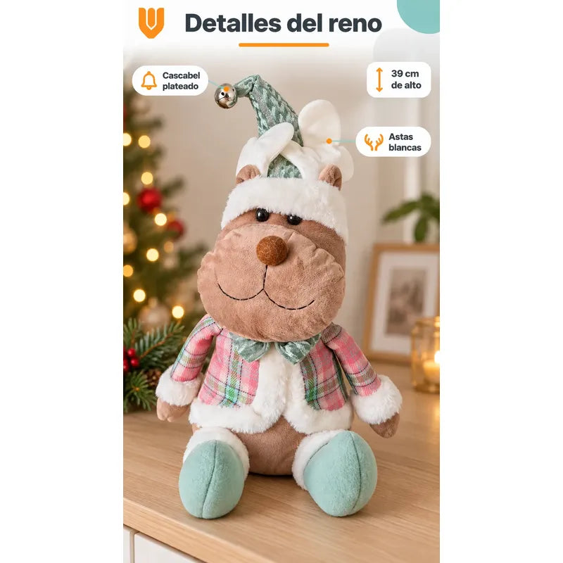 Muñeco Navideño 39cm Decorativo Adornar Figuras Navidad Blanco Muñeco Adorno Navideño Muñeco Papá Noel Viejito Pascuero Santa Claus Gorro Barba Blanca Figura Verdes Cascabel 39cm-reno