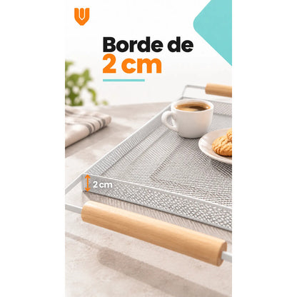 Bandeja Rectangular Metal Blanca Asas Madera Desayuno 44cm Blanco Bandeja Rectangular Malla Metal Asas Madera Base Calada Borde Elevado Servicio Desayuno Once Café Cocina Comedor 44cm-color Blanco