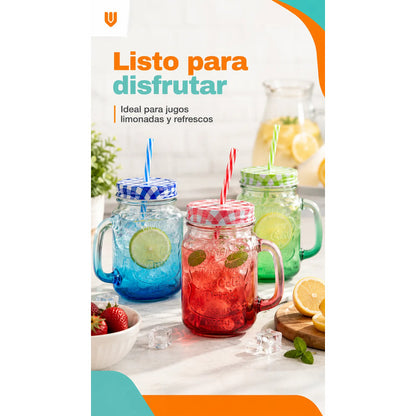 Vaso Bombilla Tapa Vidrio 400ml Reutilizable Multicolor Vaso Translúcido 400 Ml Vidrio Mango Tapa Bombilla Multicolor Bebidas Frías Jugos Cócteles Batido Reutilizable 400ml