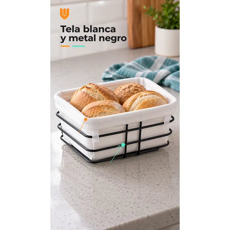 Panera Canasto Tela Rectangular 24cm Base Metal Servir Pan Anera Rectangular Canasto Pan Tela Blanca Metal Negro Cesto Abierto... 24cm