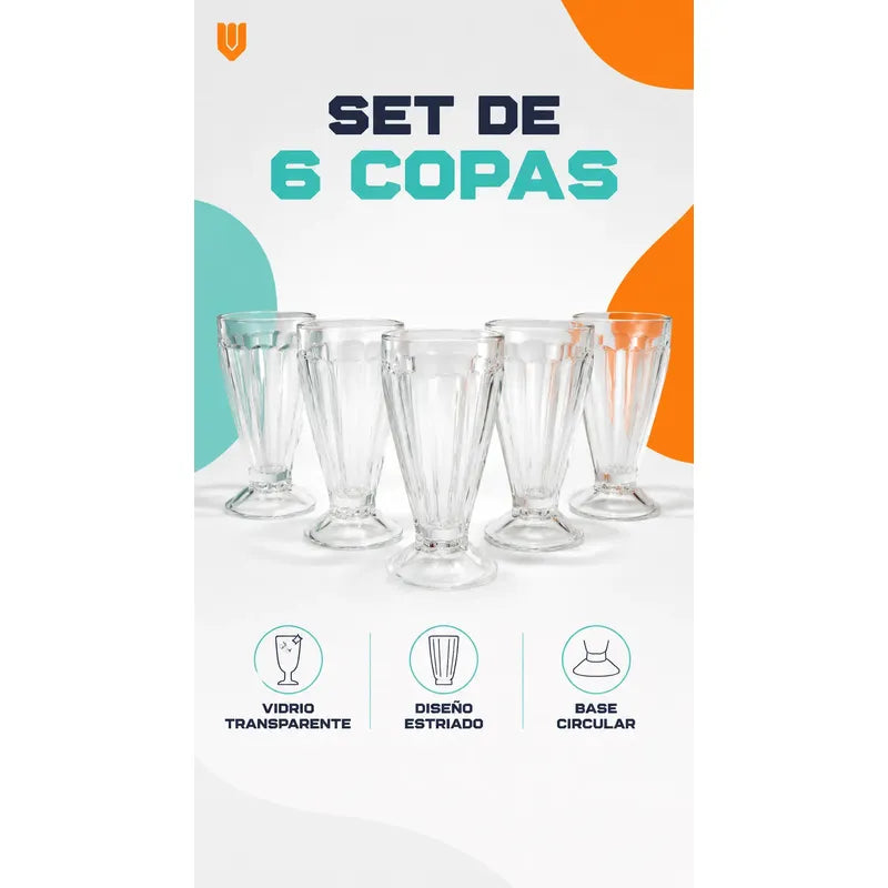Set 6 Copas Vidrio 300ml Cristal Vaso Postre Batido Cerveza Copas Helado Vidrio Set 6 Postres Sundae Jugos Batidos Malteadas Transparentes Reutilizables Alto Diametro 300ml