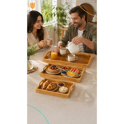Set 3 Bandejas Asas Bambú Desayuno Servir Rectangulares Set 3 Bandejas Asas Rectangulares Asas Laterales Bordes Diseño Calado Apilables Servicio Hogar Cocina Set 3 Bandejas Asas Bambú