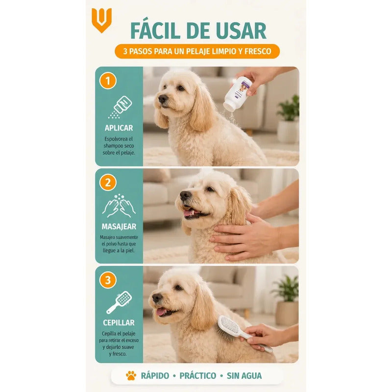 X2 Shampoo Seco Perro Desenredante Anticaida Pelo Higiene Shampoo Seco Perro Polvo 200 G Baño Seco Desodorizante Desenredante Anticaída Pelo Higiene Limpieza Rápida Pelaje Suave - 200g