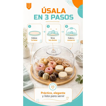2 Bases Torta Porta Cupcakes Soporte Transportador Dulces Bambú Natural Base Madera Clara Tapa Acrílico Transparente Sin Bolita Superior Porta Torta Cupcakes Dulces Eventos Hogar