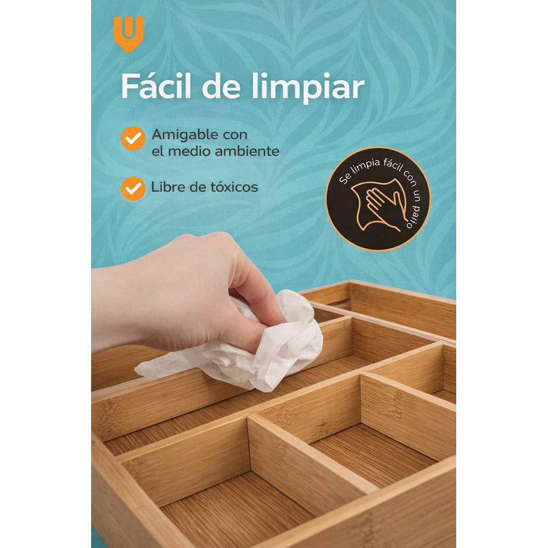 Organizador Cubiertos Bambú Expandible Cajón Cocina Ajustabl