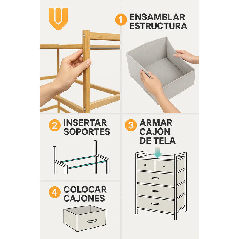 Organizador Comoda Bambu Cajonera 4 Niveles Organización Hog Bambu/cajones Blancos