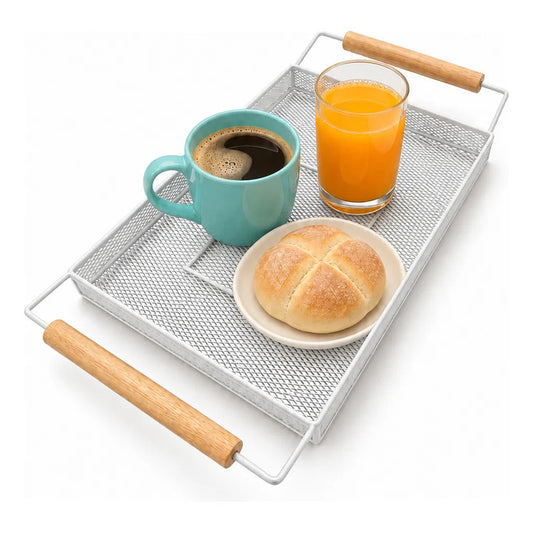 Bandeja Rectangular Metal Blanca Asas Madera Desayuno 44cm Blanco Bandeja Rectangular Malla Metal Asas Madera Base Calada Borde Elevado Servicio Desayuno Once Café Cocina Comedor 44cm-color Blanco