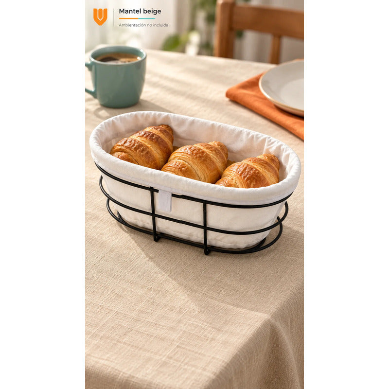 Panera Canasto Tela Ovalada 29cm Base Metal Servir Pan Blanco Panera Ovalada Canasta Pan Tela Metal Negro Borde Plegado Base... 29cm