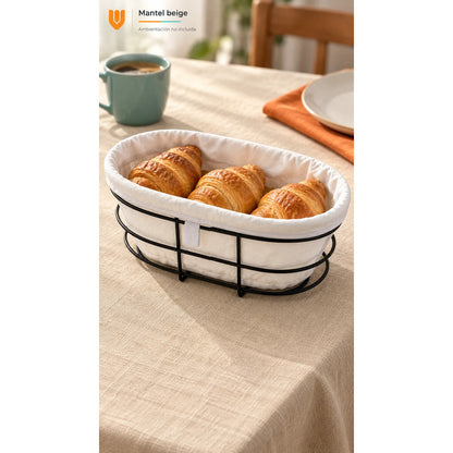 Panera Canasto Tela Ovalada 29cm Base Metal Servir Pan Blanco Panera Ovalada Canasta Pan Tela Metal Negro Borde Plegado Base... 29cm