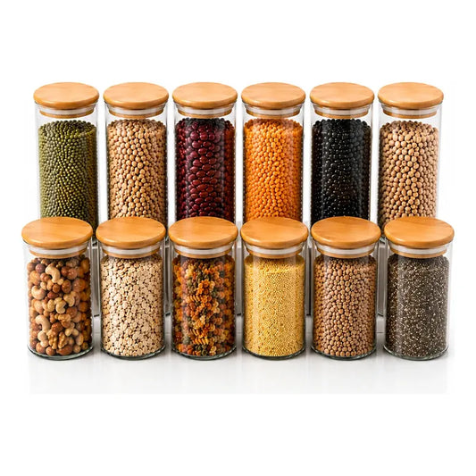 Frasco Vidrio Cocina Hermetico Cilindrico Tapa Bambu 400 Ml 12 Unidades