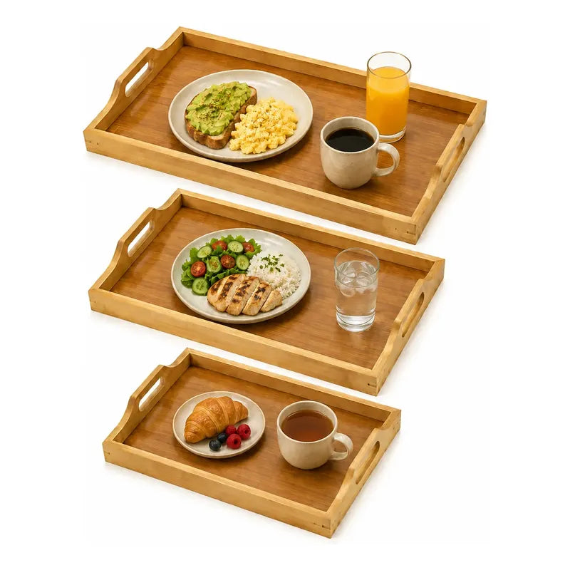 Set 3 Bandejas Asas Bambú Desayuno Servir Rectangulares Set 3 Bandejas Asas Rectangulares Asas Laterales Bordes Diseño Calado Apilables Servicio Hogar Cocina Set 3 Bandejas Asas Bambú