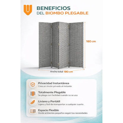 Biombo Divisor Oficina Ambientes Separador 4 Puertas 180 Cm Gris Claro Biombo Divisor Ambientes 4 Paneles 180 Cm Separador Oficina Hogar Plegable Geometrico Gris Claro Ratan Geometrico Ratan...