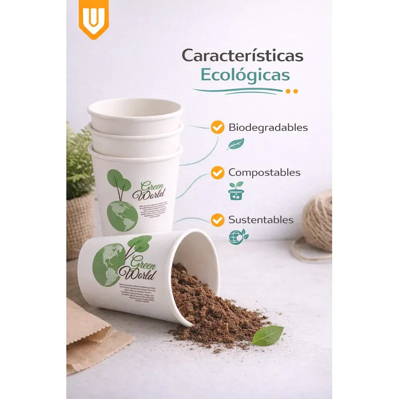 Vasos Desechable Compostables Biodegradable Café Jugo Agua X150 Unidades Blanco Verde Natural Eco Biodegradable Sustentable Diseño Limpio Consumo Responsable Cafeteria Bebidas