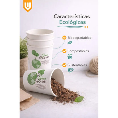 Vasos Desechable Compostables Biodegradable Café Jugo Agua X100 Unidades Blanco Verde Natural Eco Biodegradable Sustentable Diseño Limpio Consumo Responsable Cafeteria Bebidas