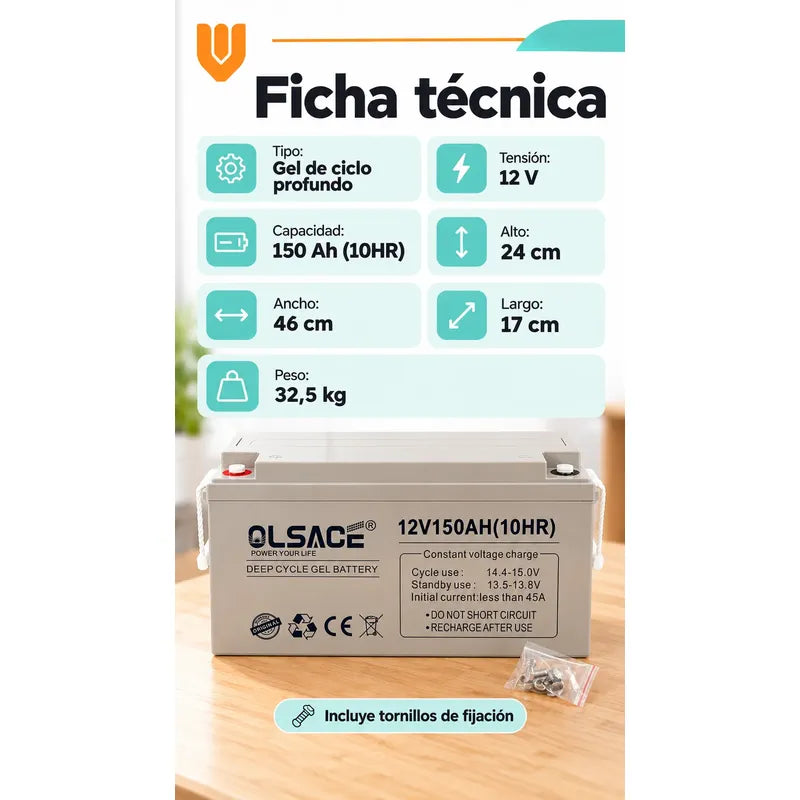 Bateria Gel 12v 150 Ah Ciclo Profundo Solar Repuesto Gris Batería Gel Solar Ciclo Profundo 12v 150ah Olsace Repuesto Recargable Respaldo Doméstico Energía Tornillos
