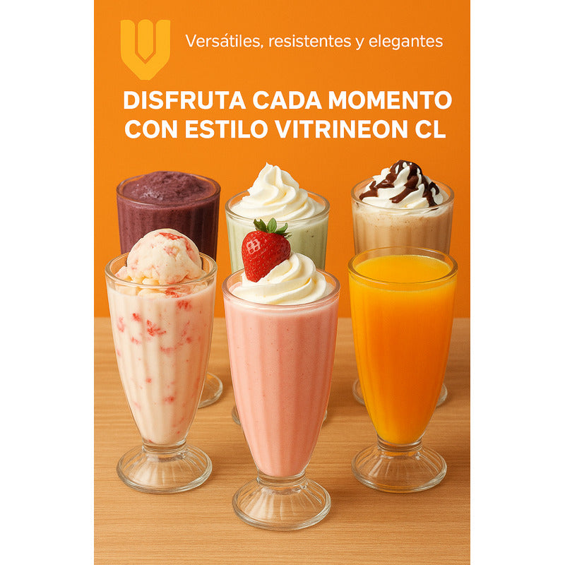 6 Vasos Altos Vidrio Acanalado Batidos Postres Helados 370 M