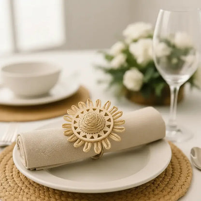 Servilletero Decoración Aro Porta Servilleta Flor Bambu Dorado